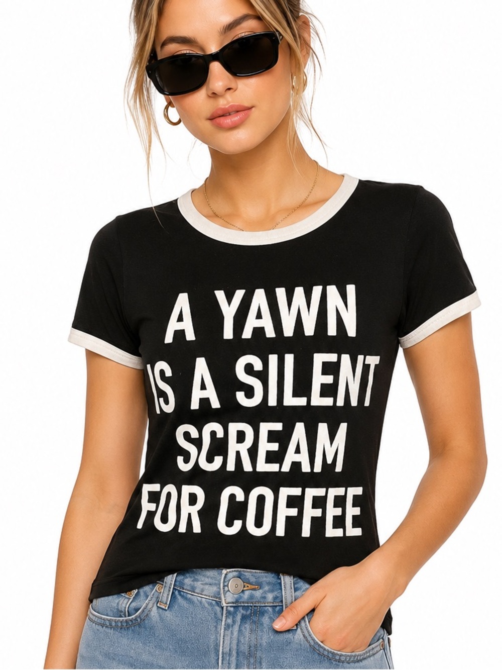 Silent Scream For Coffee Graphic Ringer Tee Black White Top M